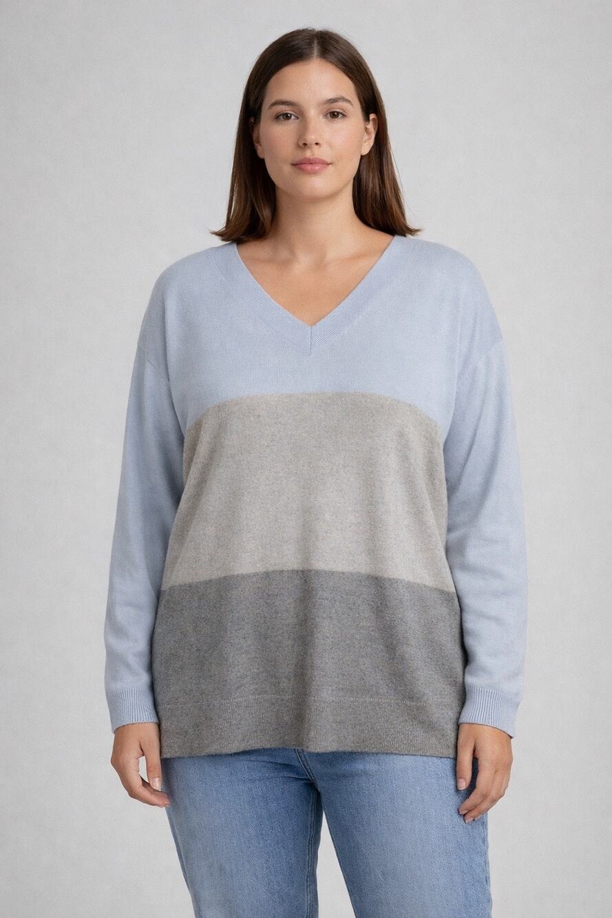Lands End Sweater Large 14 16 Color block Blue Gray - Picture 1 of 13